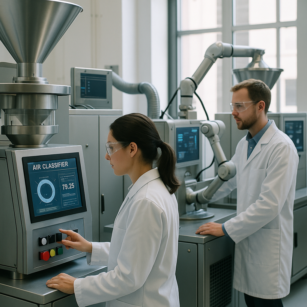 Engineers testing advanced air classification machines in a futuristic industrial laboratory with digital screens and robotic arms in a clean, innovative environment.