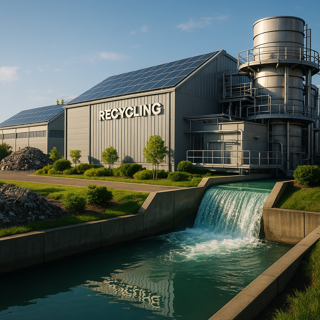 Futuristic Metal Recycling Facility with Solar Panels Futuristic metal recycling facility featuring solar panels and an advanced water treatment plant with crystal-clear water being released, surrounded by green landscaping under a blue sky.