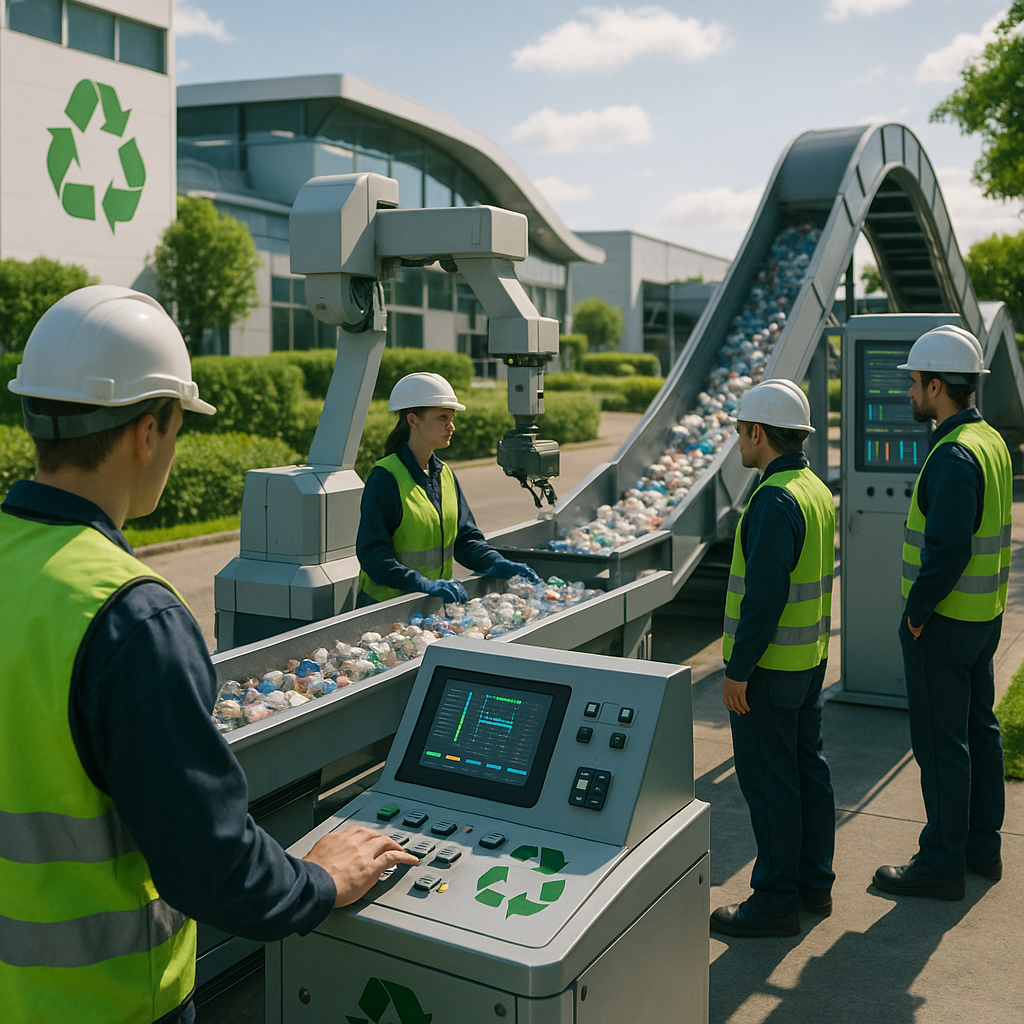 A clean futuristic recycling facility featuring advanced machinery and green landscaping with workers monitoring processes under a sunny sky.