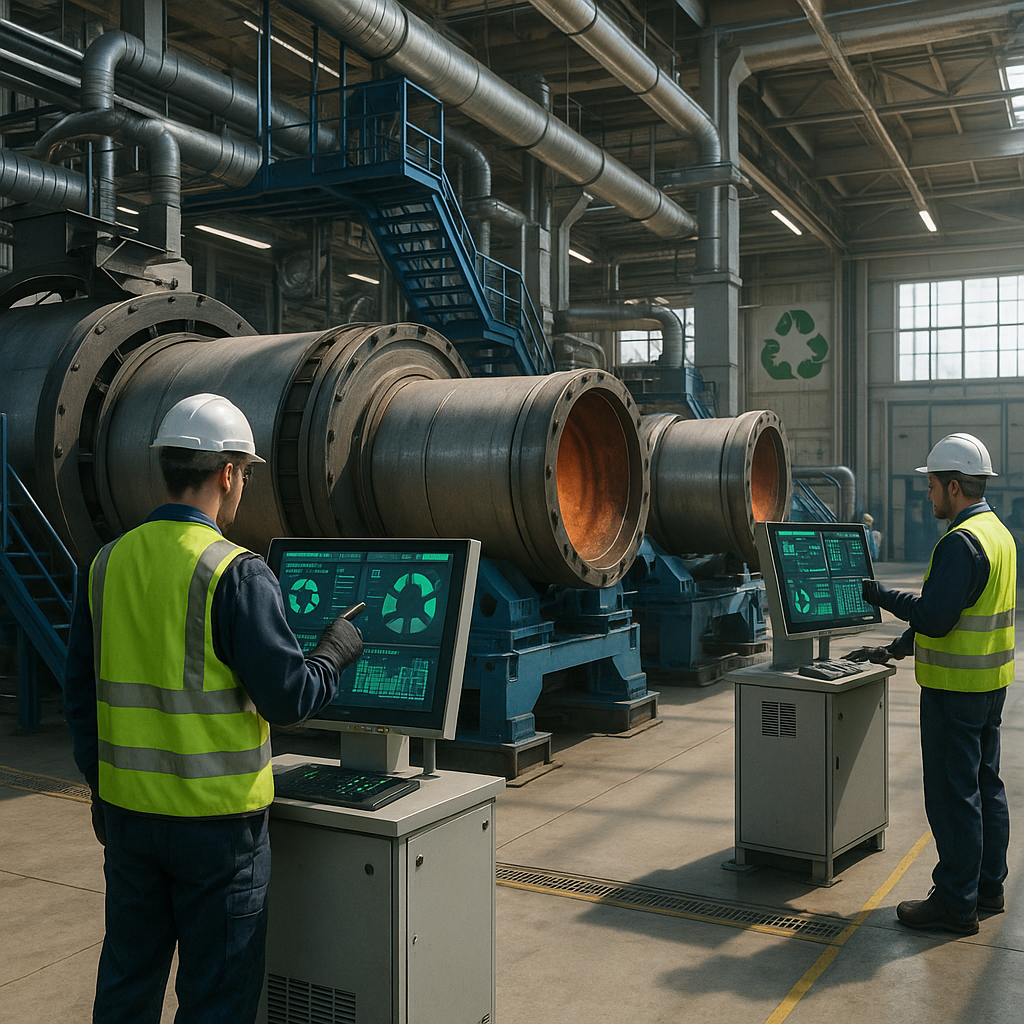 Futuristic Recycling Plant with Advanced Rotary Kilns Futuristic recycling plant featuring advanced rotary kilns and a clean environment with workers monitoring digital controls.