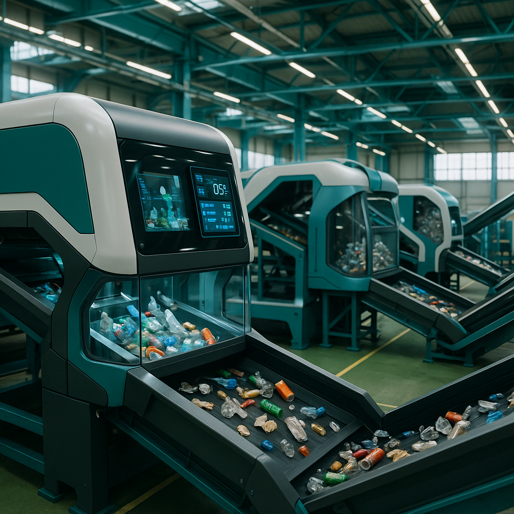 Futuristic Recycling Plant Futuristic recycling plant with advanced machines sorting materials efficiently, showcasing innovation and sustainability.