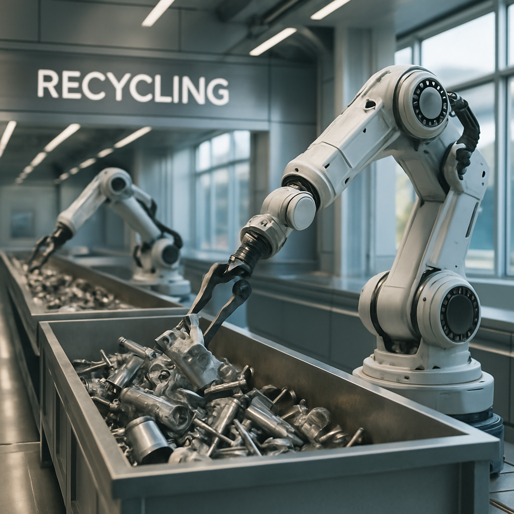 Automated Robotic Recycling Facility Futuristic recycling facility with automated robotic arms processing metal in a clean and advanced technology environment.
