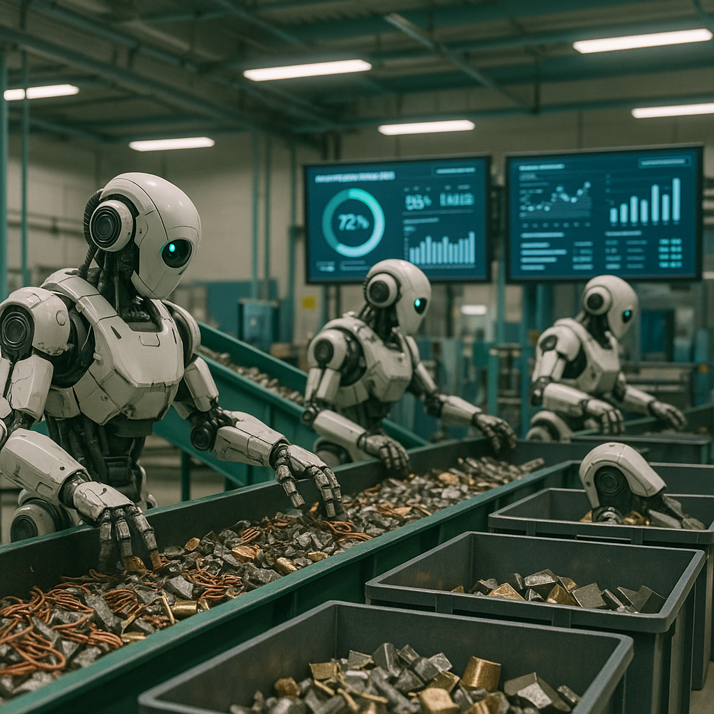 Futuristic Recycling Plant Interior Interior of a futuristic recycling plant featuring automated robots sorting metals and digital monitoring screens