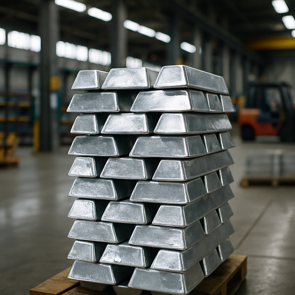 Gleaming Metal Ingots in Warehouse Close-up of gleaming metal ingots stacked neatly, reflecting light in a warehouse setting.