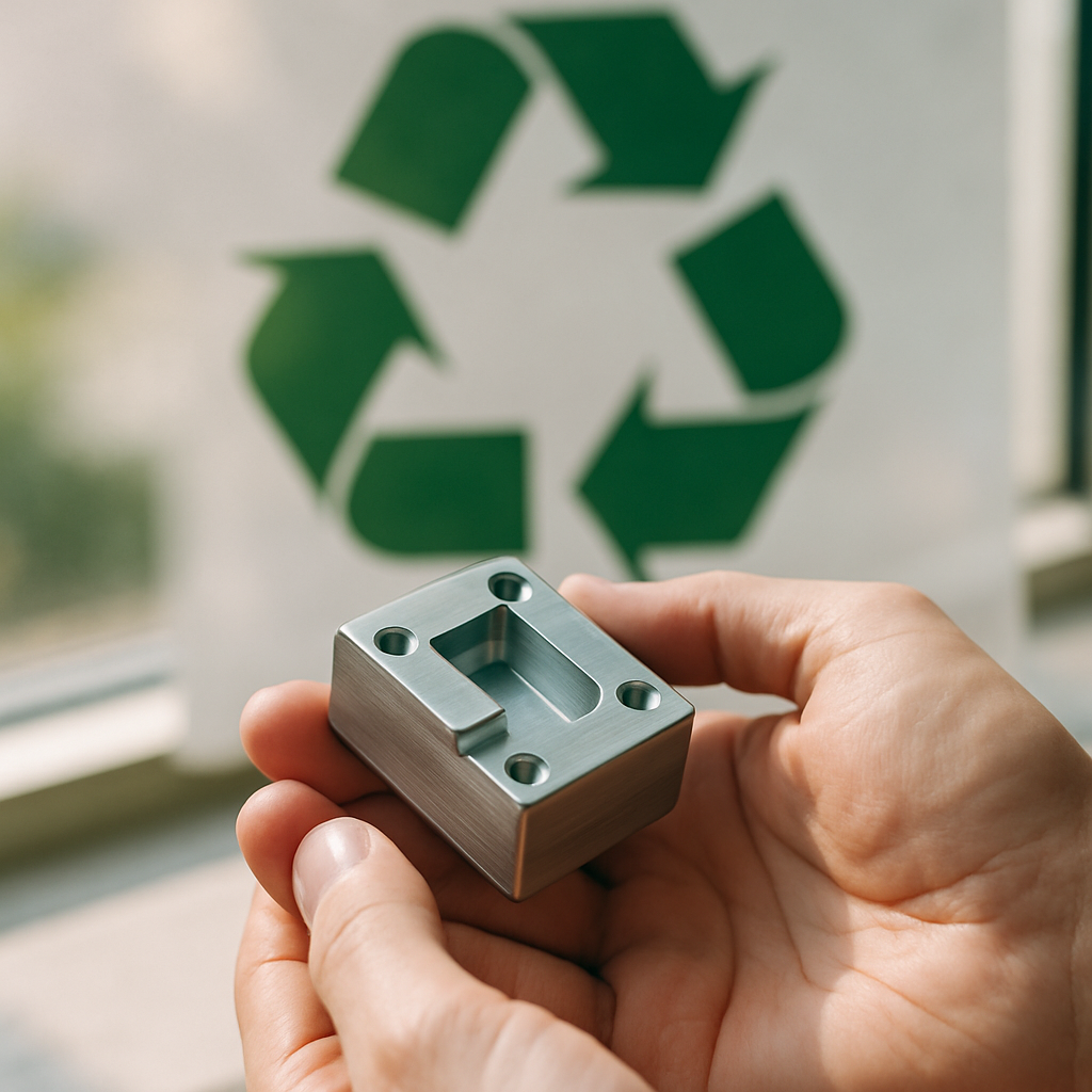 Hands Holding a New Metal Product with Recycling Symbol Hands holding a small new metal product with a recycling symbol in the background, conveying a bright and optimistic atmosphere.