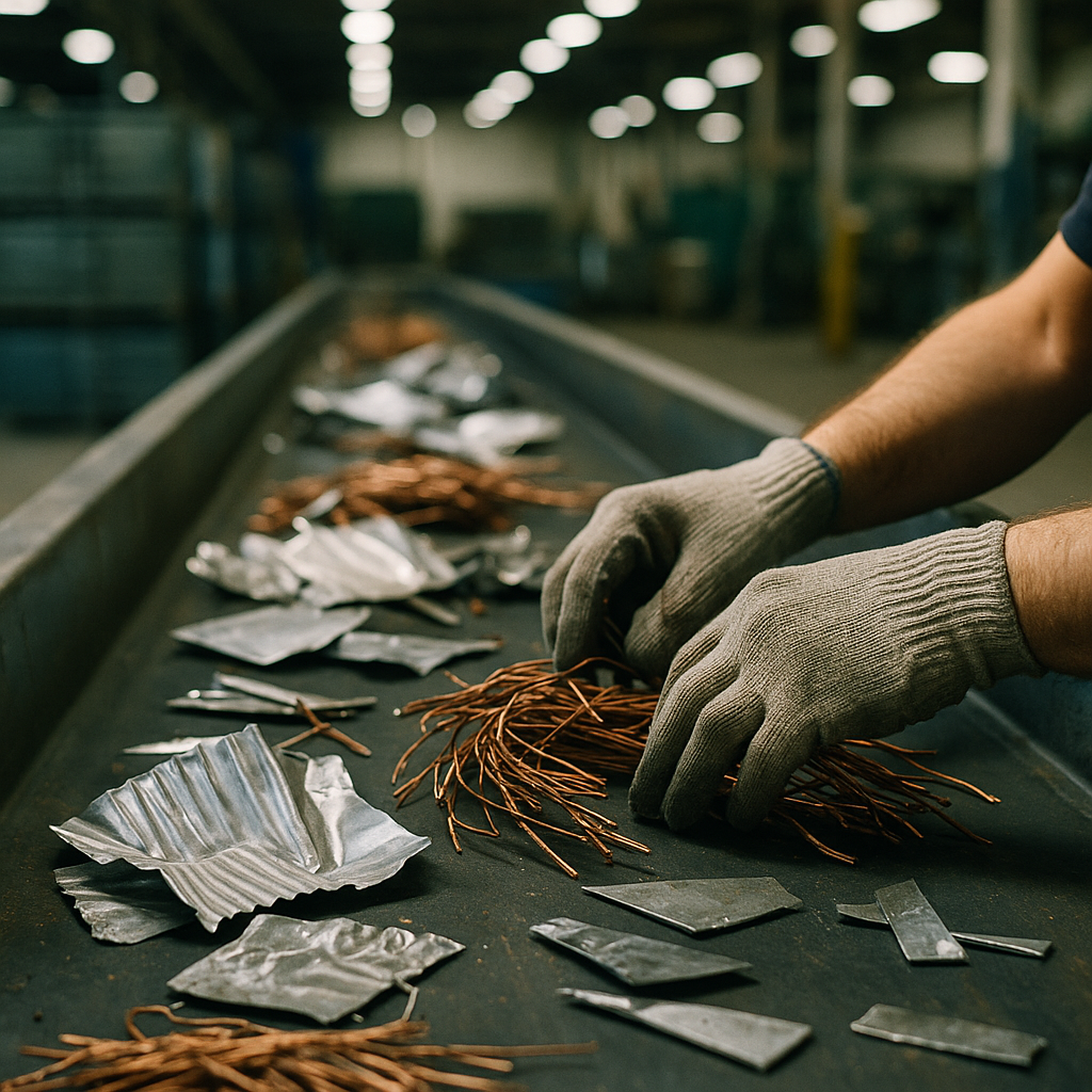 Sorting Recovered Metals Close-up of hands sorting various recovered metals including copper wires, aluminum sheets, and steel scraps on a conveyor belt in a warehouse.