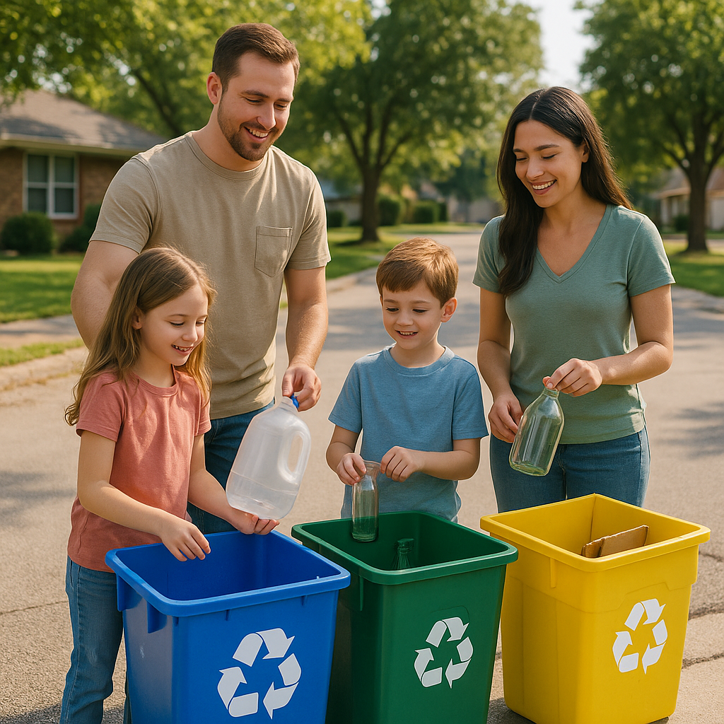 A happy family placing sorted recyclables into clean recycling bins organized on a suburban curbside, surrounded by green trees and sunlight.