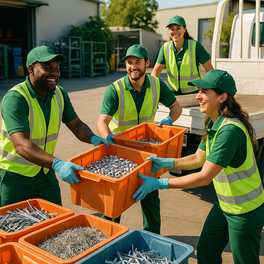 Efficient Scrap Metal Transportation at Recycling Plant Happy recycling plant employees moving organized, graded bins of clean scrap metal onto a transport truck in a bright and tidy industrial yard.
