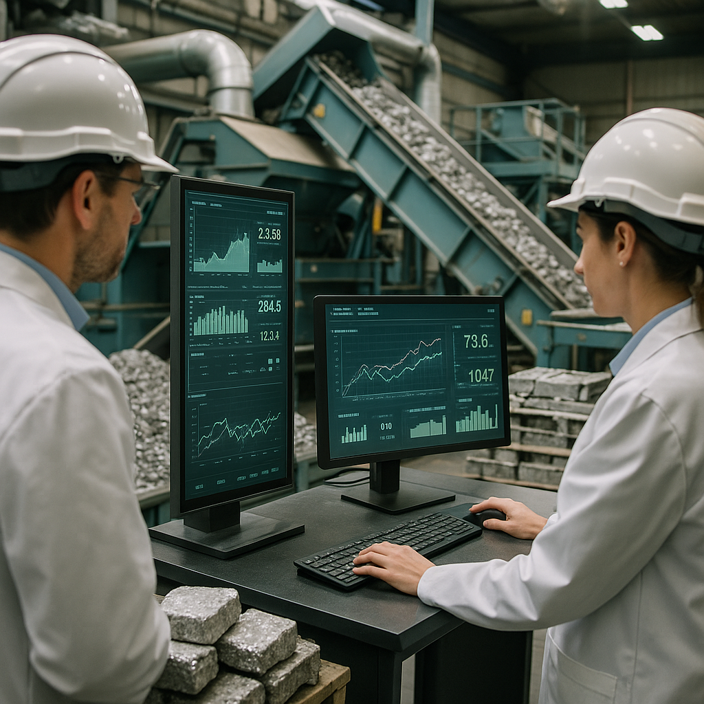 Modern high-tech recycling facility with advanced machinery processing aluminum dross and engineers analyzing data on digital screens.