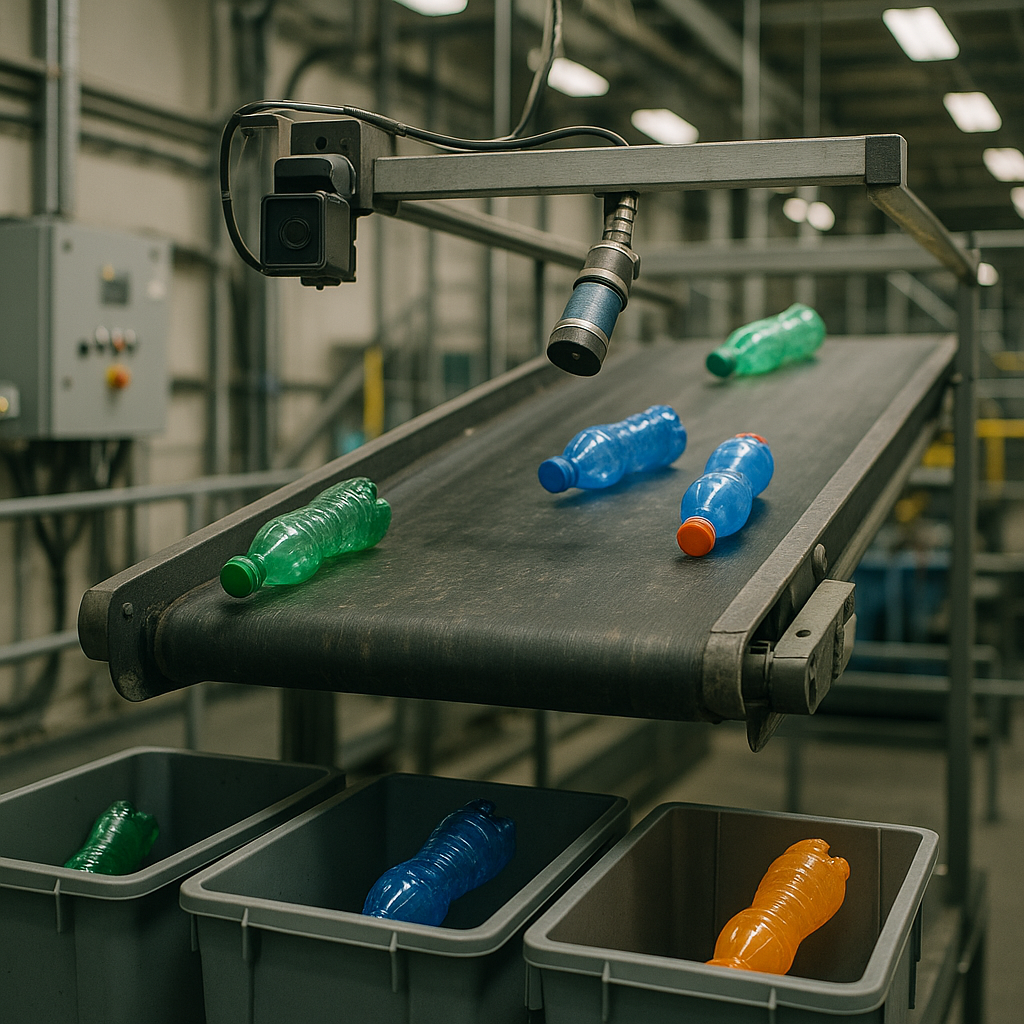 Sorting Plastic Bottles on Conveyor Belt in Recycling Plant Close-up view of an industrial conveyor belt equipped with cameras and sensors sorting brightly colored plastic bottles in a modern recycling plant.