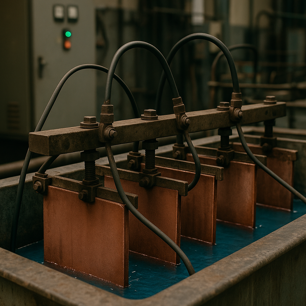Close-up of an industrial electrolytic refining tank with submerged copper plates in a blue electrolyte solution and connected electric wires, set against a factory background.