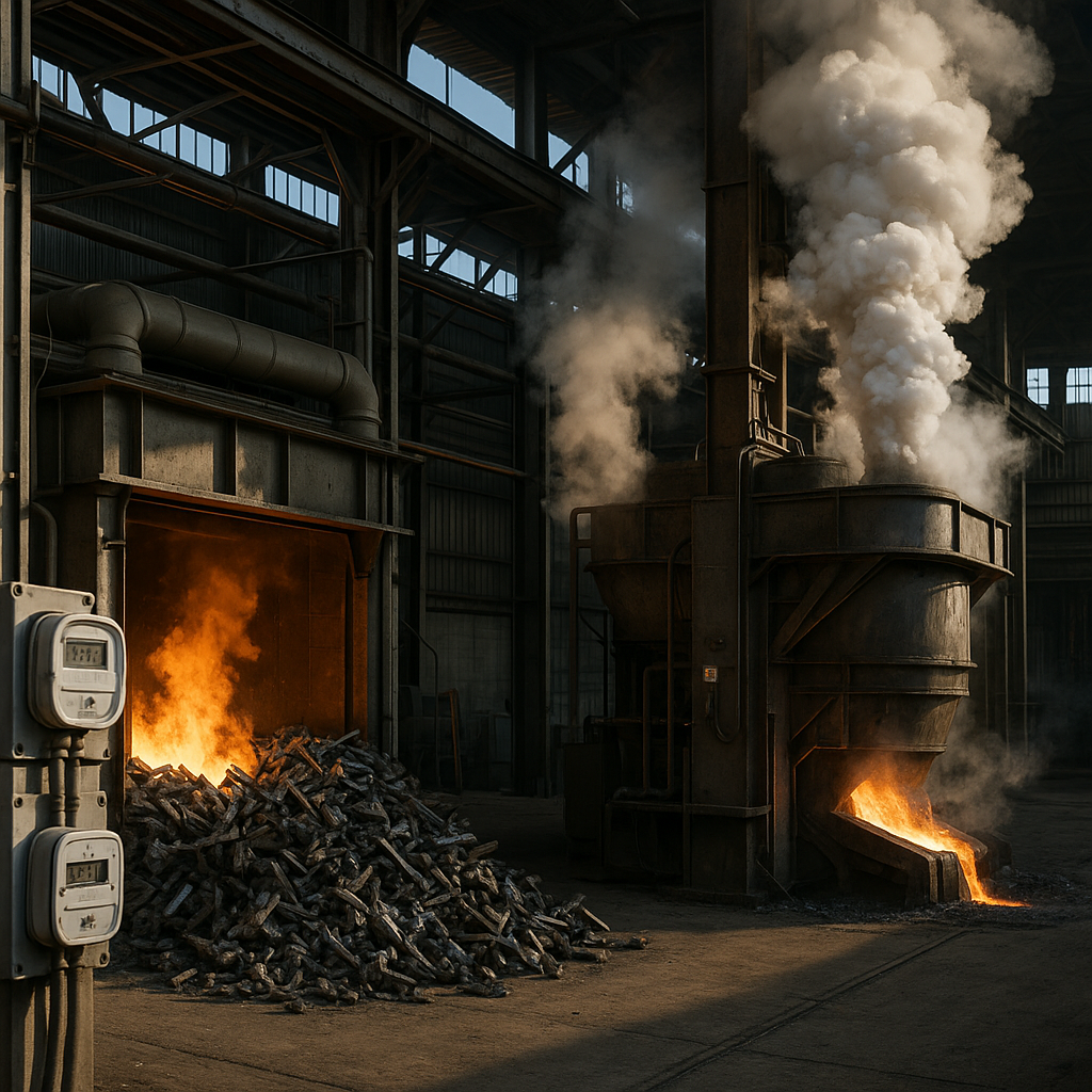 Industrial Facility: Recycling vs Melting Operations Industrial facility featuring large furnaces; one side processes recycled metal with less smoke while the other melts raw ore with heavy emissions. Electrical meters indicate lower usage on the recycling side.