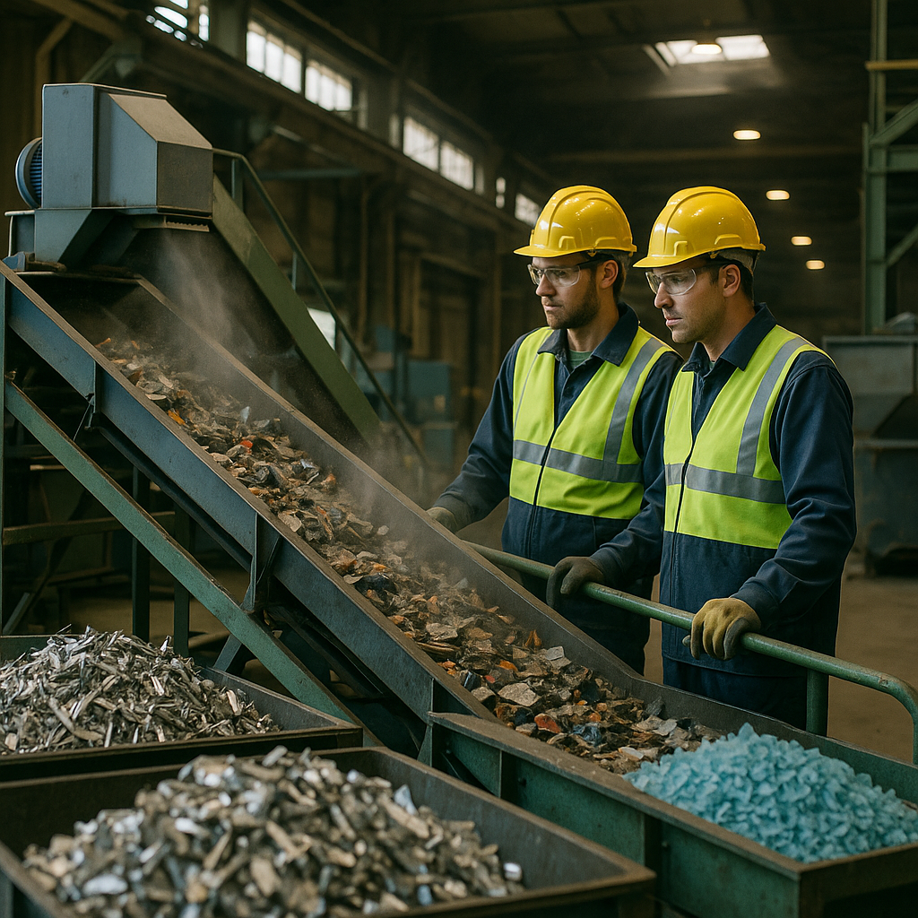 Workers in an industrial facility overseeing a conveyor belt that separates mixed scrap materials with air, revealing sorted metal and plastic.