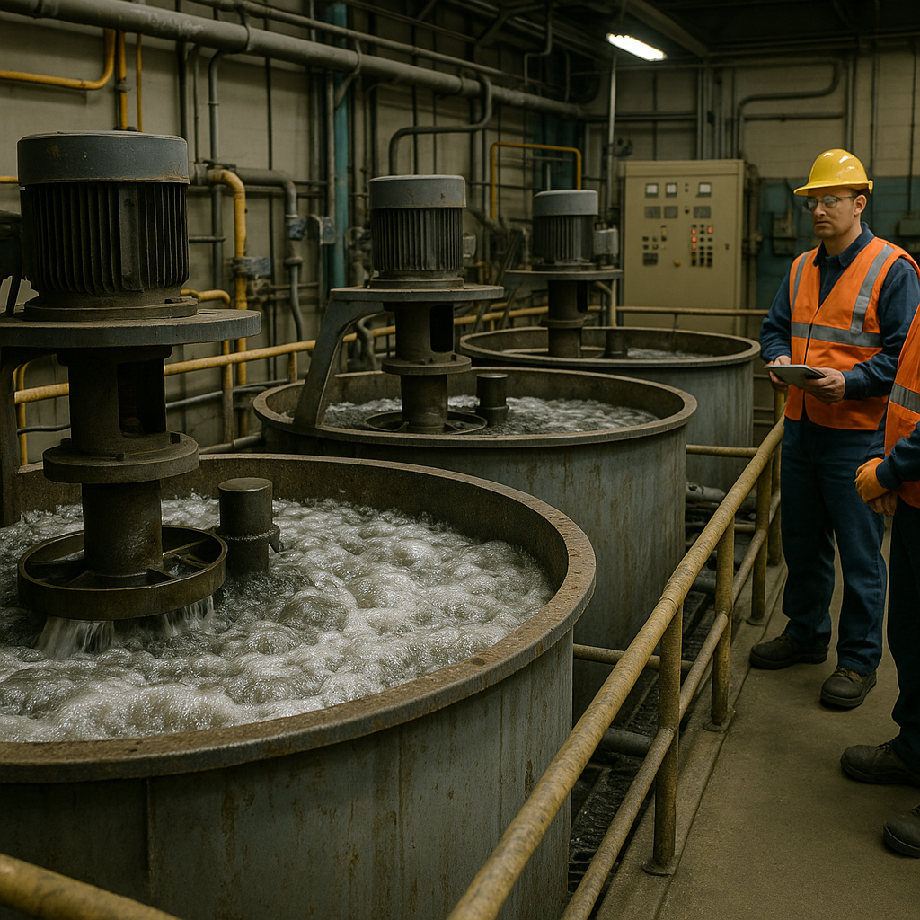 Industrial froth flotation system with large tanks, bubbling water, mechanical agitators, and workers in safety gear observing machinery.