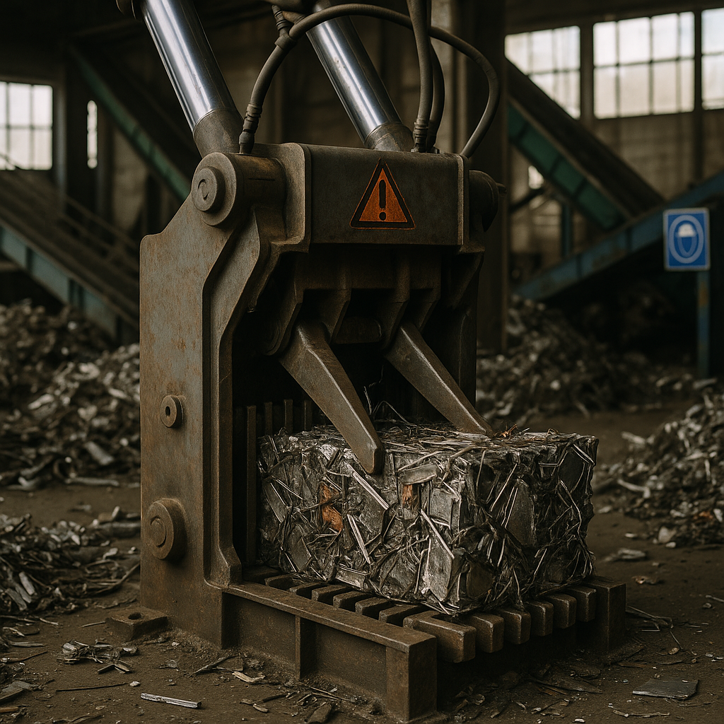 Close-up of a large industrial metal baler compressing scrap metal with hydraulic arms in motion.