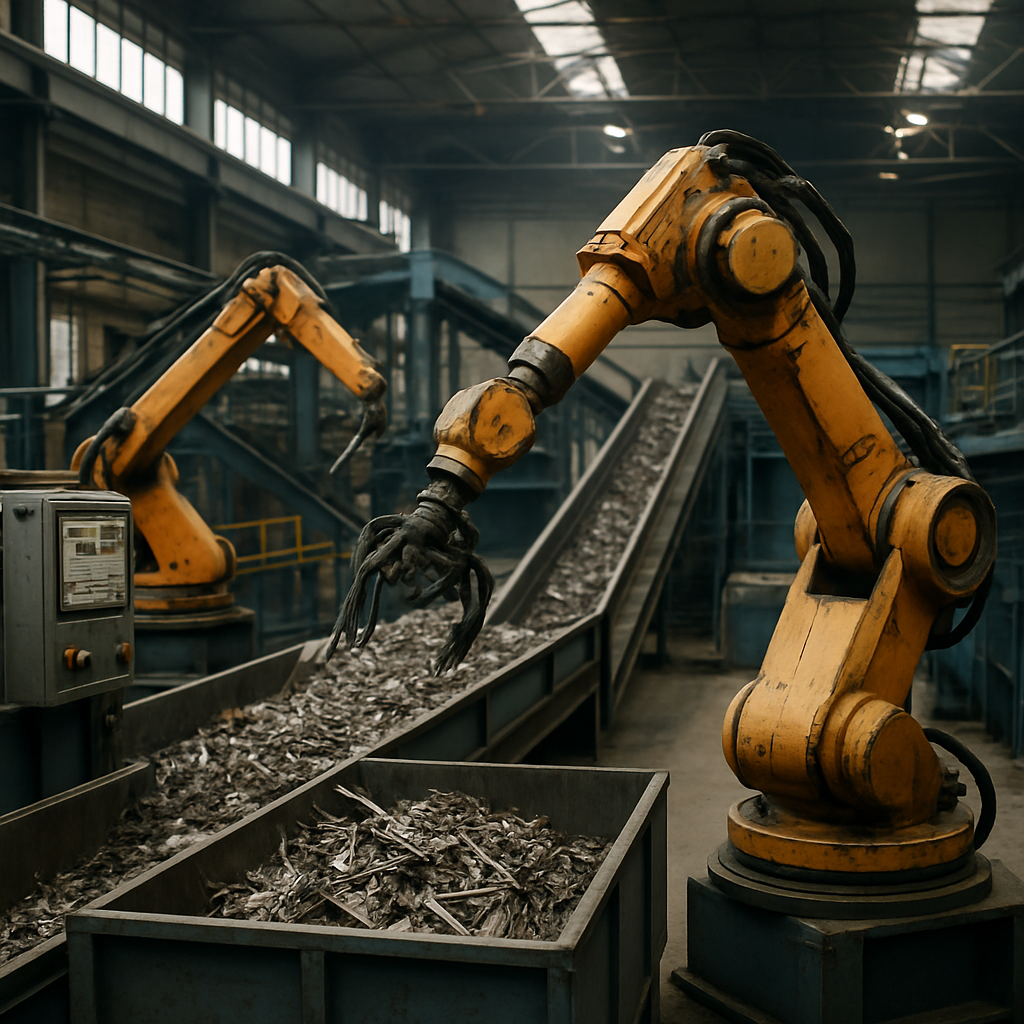 Automated Industrial Recycling Facility Large industrial recycling facility with automated machines and robotic arms sorting metal scraps.