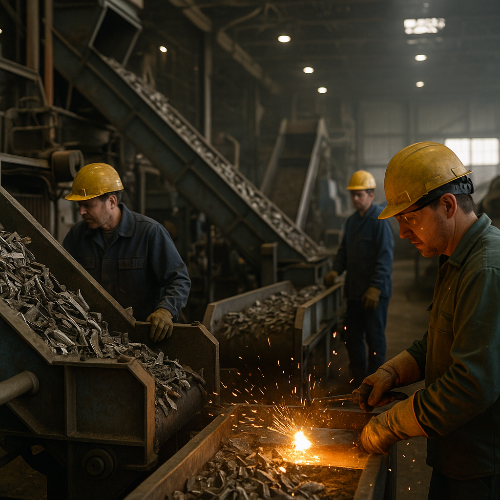 Industrial Recycling Facility Operations Workers operating machinery in an industrial recycling facility, with conveyor belts carrying and sorting metal scrap and sparks from molten metal in the foreground.
