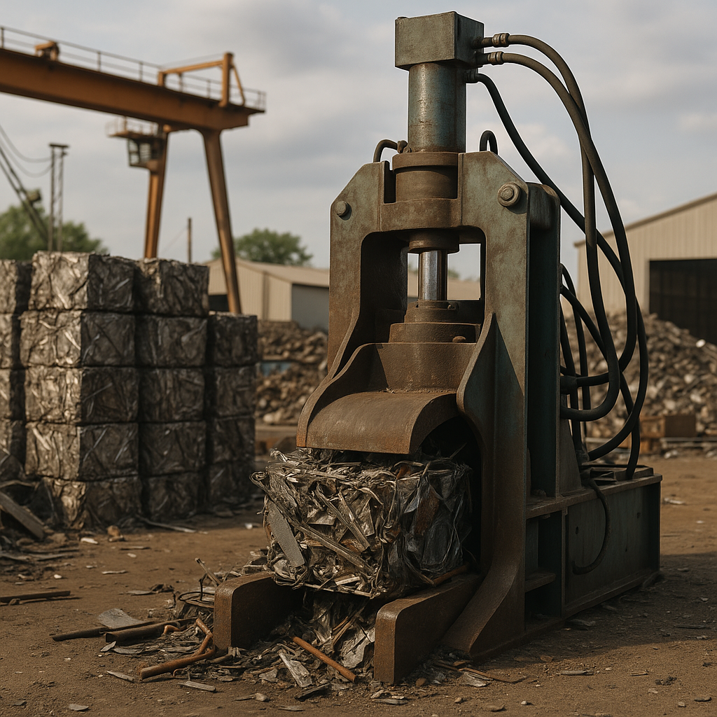 Industrial scrap metal being compressed by a hydraulic machine in a recycling facility with dense metal blocks nearby.