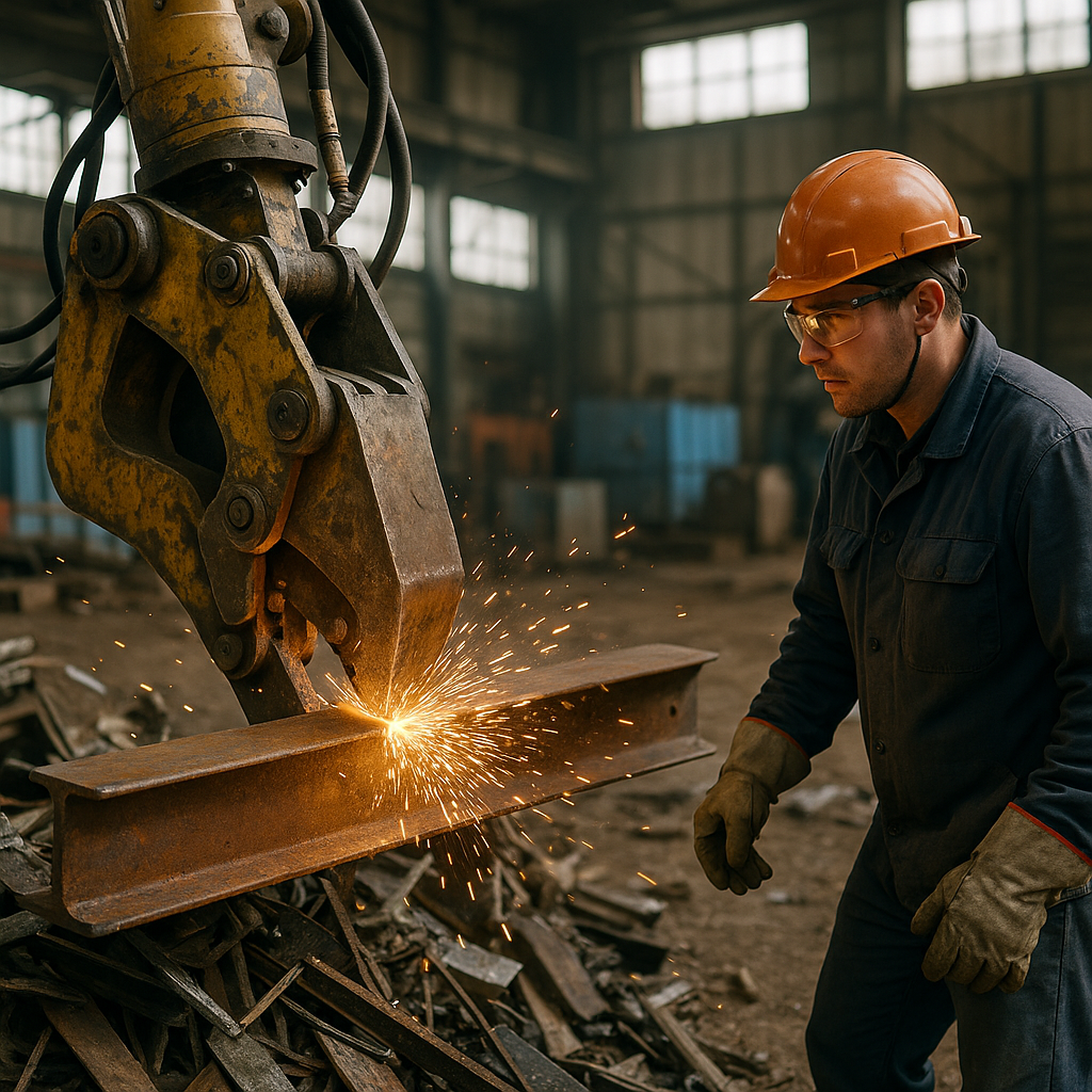 Industrial Scrap Shear Cutting Metal Beams Industrial scrap shear machine cutting large metal beams in a recycling facility with sparks flying and an operator supervising the process.