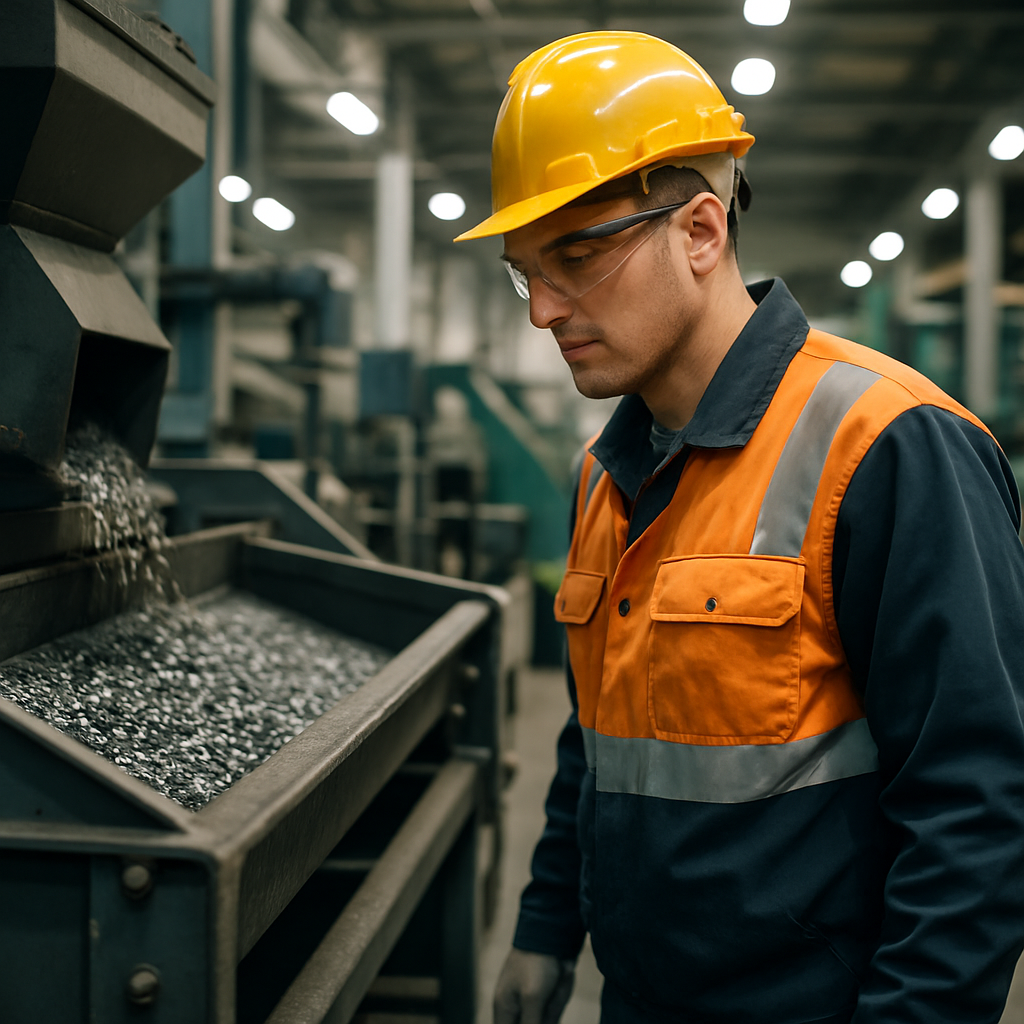 Worker Monitoring Conveyor Belt in Recycling Facility Industrial worker monitoring a conveyor belt with metal particles being separated in a clean recycling facility.