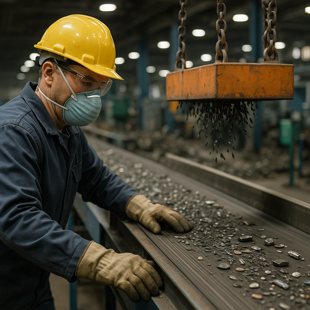 Worker Operating Conveyor Belt in Industrial Facility Worker operating a conveyor belt in an industrial facility, with overhead magnets attracting iron particles and other metallic and non-metallic pieces on the belt.