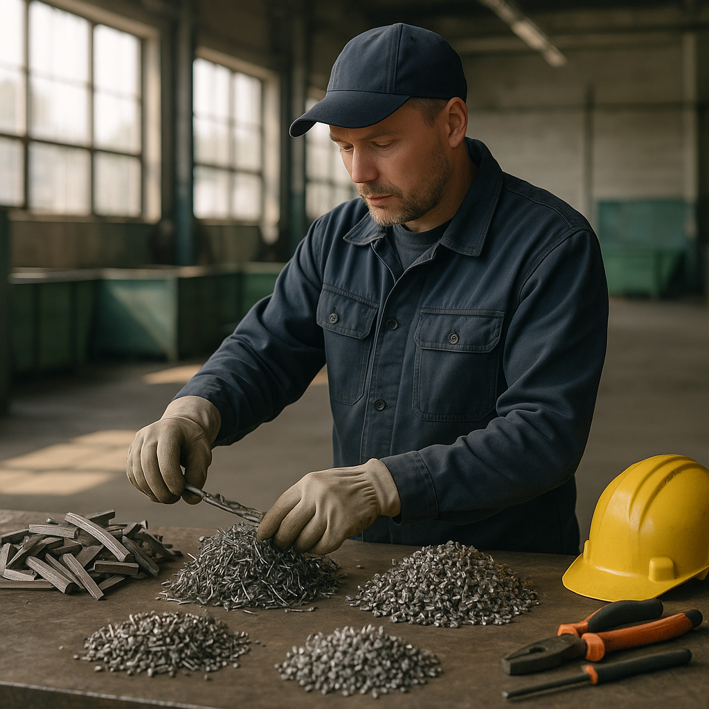 Industrial Worker at Metal Recycling Facility Industrial worker placing recovered metal scraps into neatly sorted piles at a recycling facility with sunlight streaming through the windows.