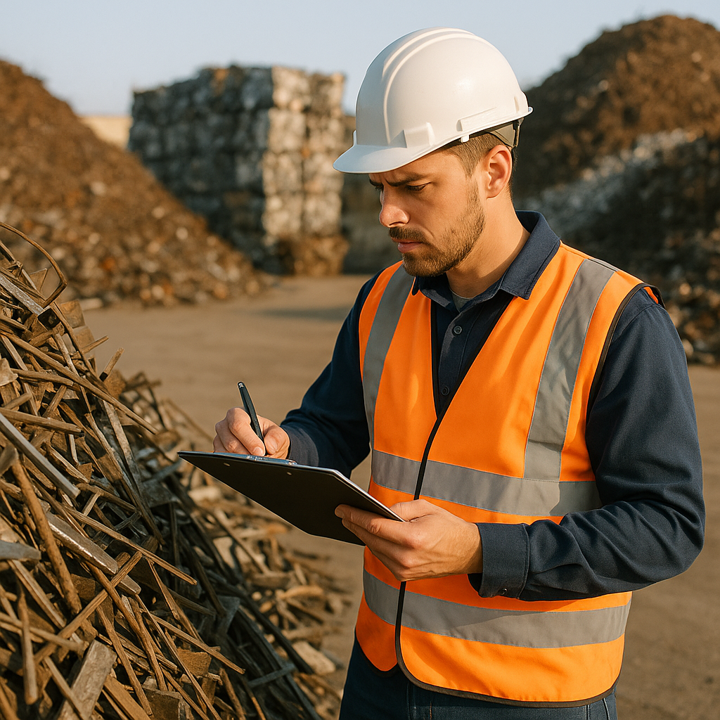 Industrial Worker Examining Metal Scrap Industrial worker in safety vest examining metal scrap with clipboard at recycling facility, piles of sorted materials in background.