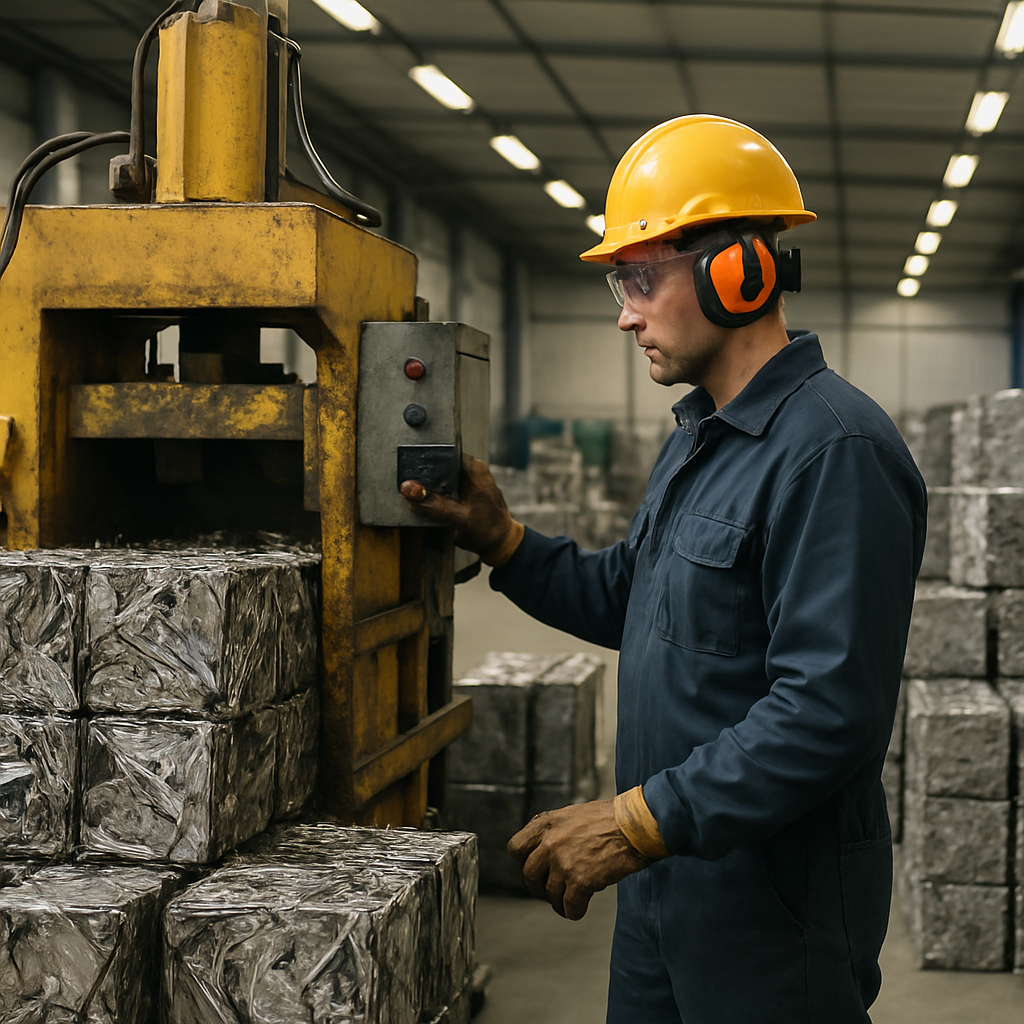 Industrial worker operating a scrap metal baler with compressed metal cubes stacked in a clean warehouse.