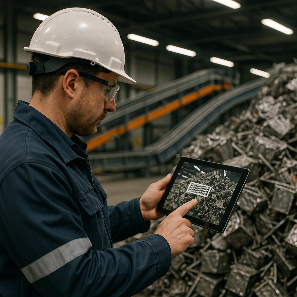 Industrial Worker Scanning Scrap Metal Industrial worker using a tablet to scan and track stacks of scrap metal in a modern warehouse with automated conveyor belts in the background.