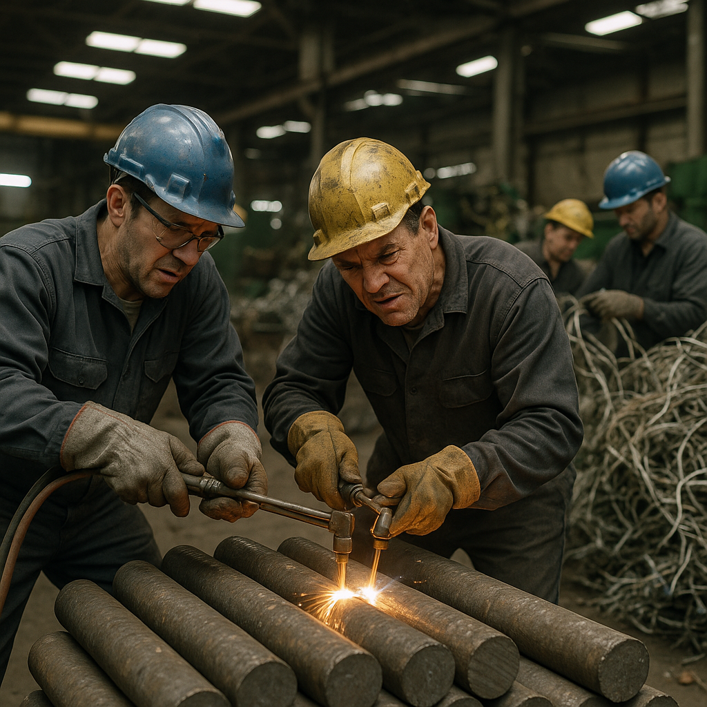 Struggling with Scrap: Industrial Workers in Action Industrial workers struggling to break down thick steel bars with torches while others manage tangled aluminum wires in a factory setting, illustrating the visual challenge with different types of scrap materials.