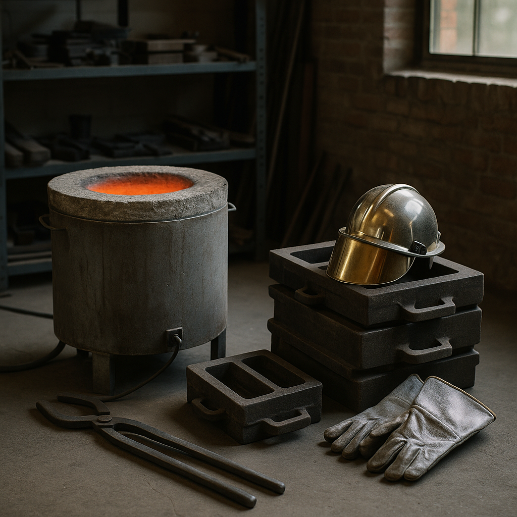 Industrial Casting Equipment in Workshop Industrial casting equipment including a furnace, molds, tongs, and safety gear in a workshop.