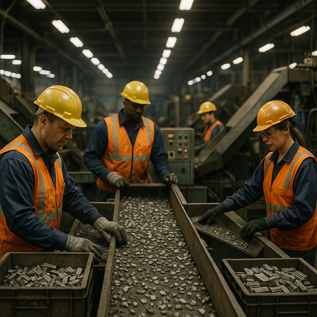 Industrial Factory Floor with Machinery and Workers Large industrial factory floor with machinery sorting metal materials and workers operating equipment under realistic lighting.
