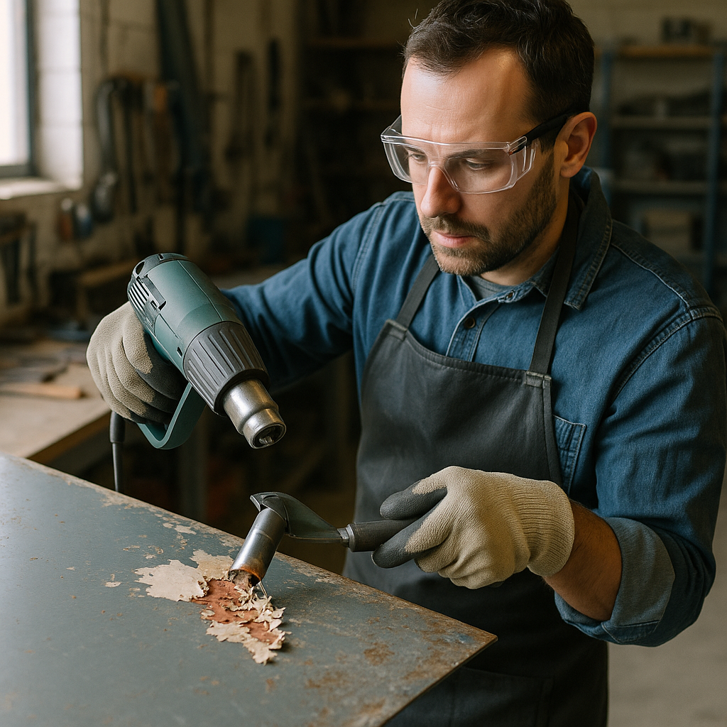 Using an Industrial Heat Gun for Paint Removal Specialist using an industrial heat gun to remove paint from a metal panel, wearing safety gear, with curling peeling paint visible.