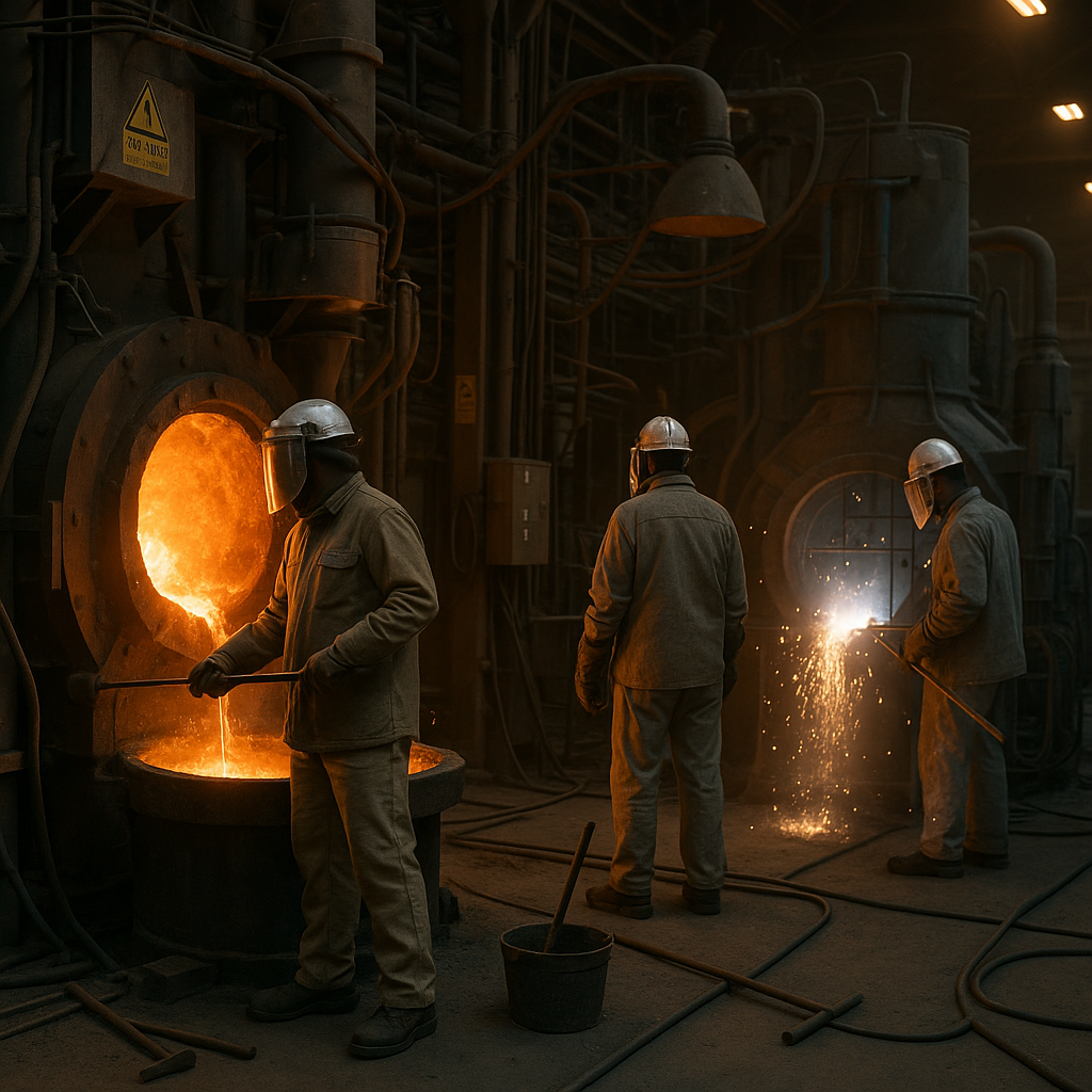 Interior of an industrial metal recycling facility with large blast and electric arc furnaces and workers in protective gear observing molten metal.