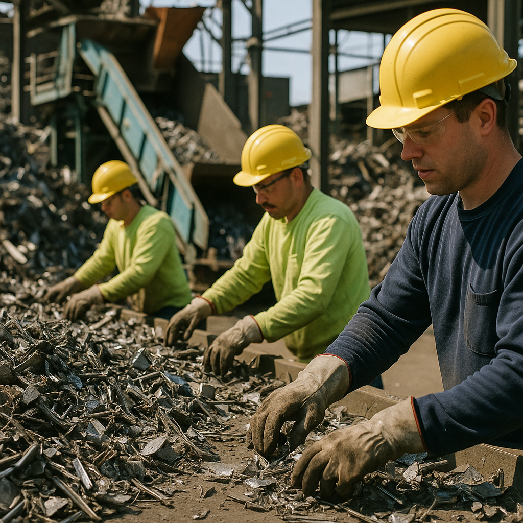 Scrap Metal Processing in Industrial Recycling Facility Workers operating machinery to sort and process piles of scrap metal in a large industrial recycling facility under bright lighting.