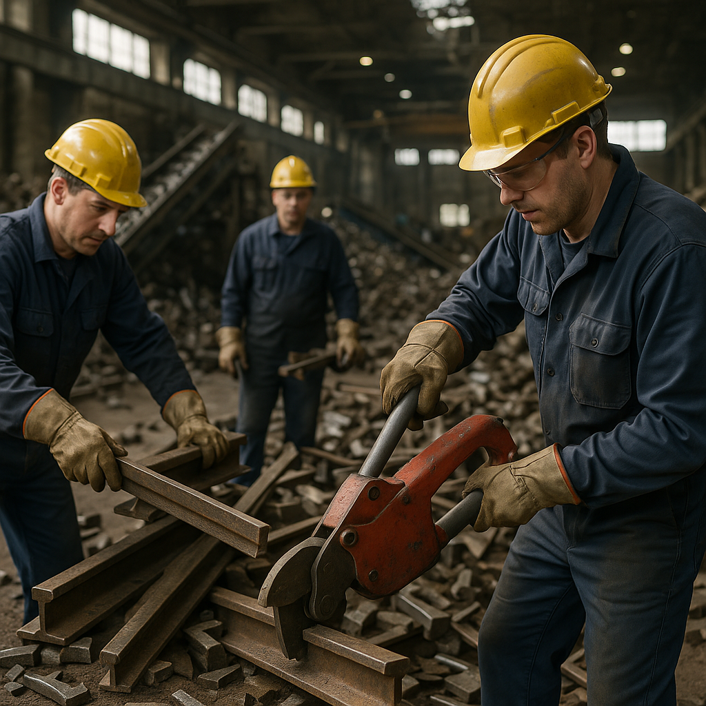 Workers Sorting Steel Rails in Recycling Facility Workers wearing safety gear sorting and cutting old steel rails in a large industrial recycling facility with conveyor belts moving metal parts.