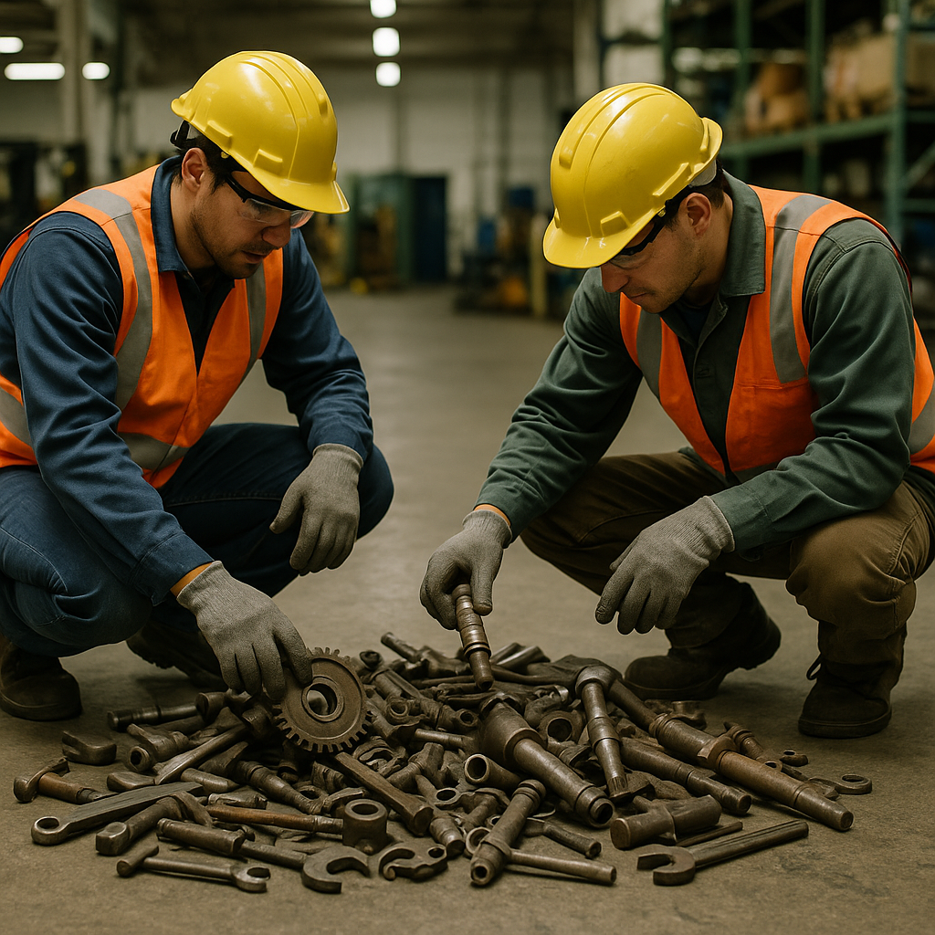 Industrial Scrap Sorting Collection of discarded industrial metal parts and used tools on a warehouse floor, with workers sorting through scrap for recycling.