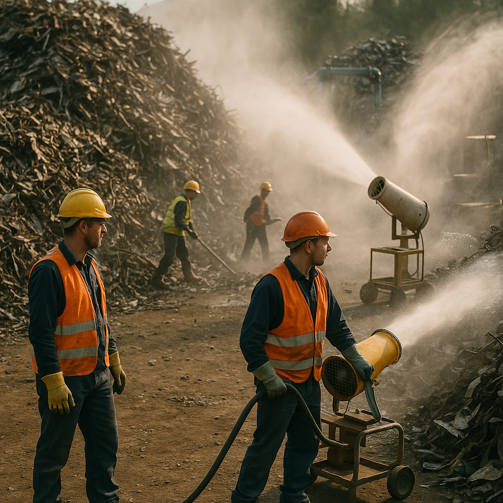 Industrial Scrap Yard with Shredded Metal Industrial scrap yard with piles of shredded metal and mist cannons in action, workers in safety gear.
