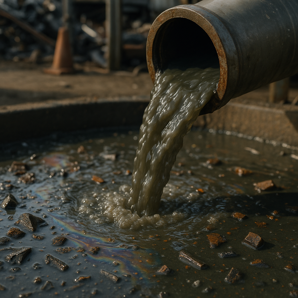 Industrial Wastewater Flow from Recycling Plant Close-up of murky industrial wastewater with oil sheen and metal fragments flowing from a recycling plant.