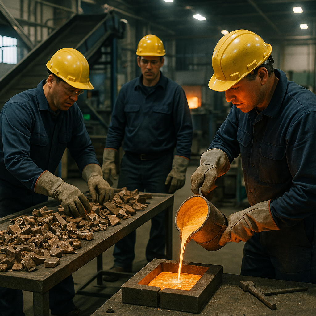 Industrial workers sorting and melting scrap bronze in a modern recycling facility, wearing safety gear.