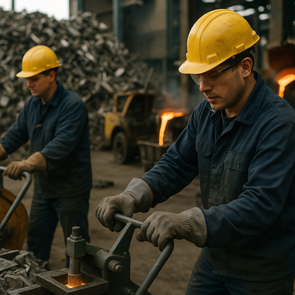 Industrial Workers in Metal Recycling Plant Image of industrial workers operating equipment in a metal recycling plant with piles of scrap metal and molten metal being poured into molds.
