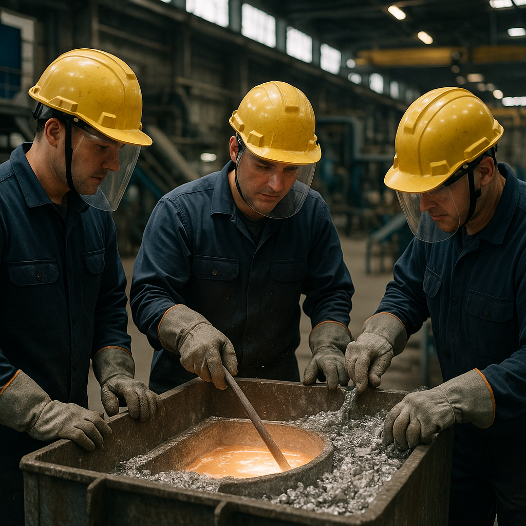 Industrial workers in protective gear processing aluminum dross in a recycling facility with molten metal being separated in a realistic factory setting.