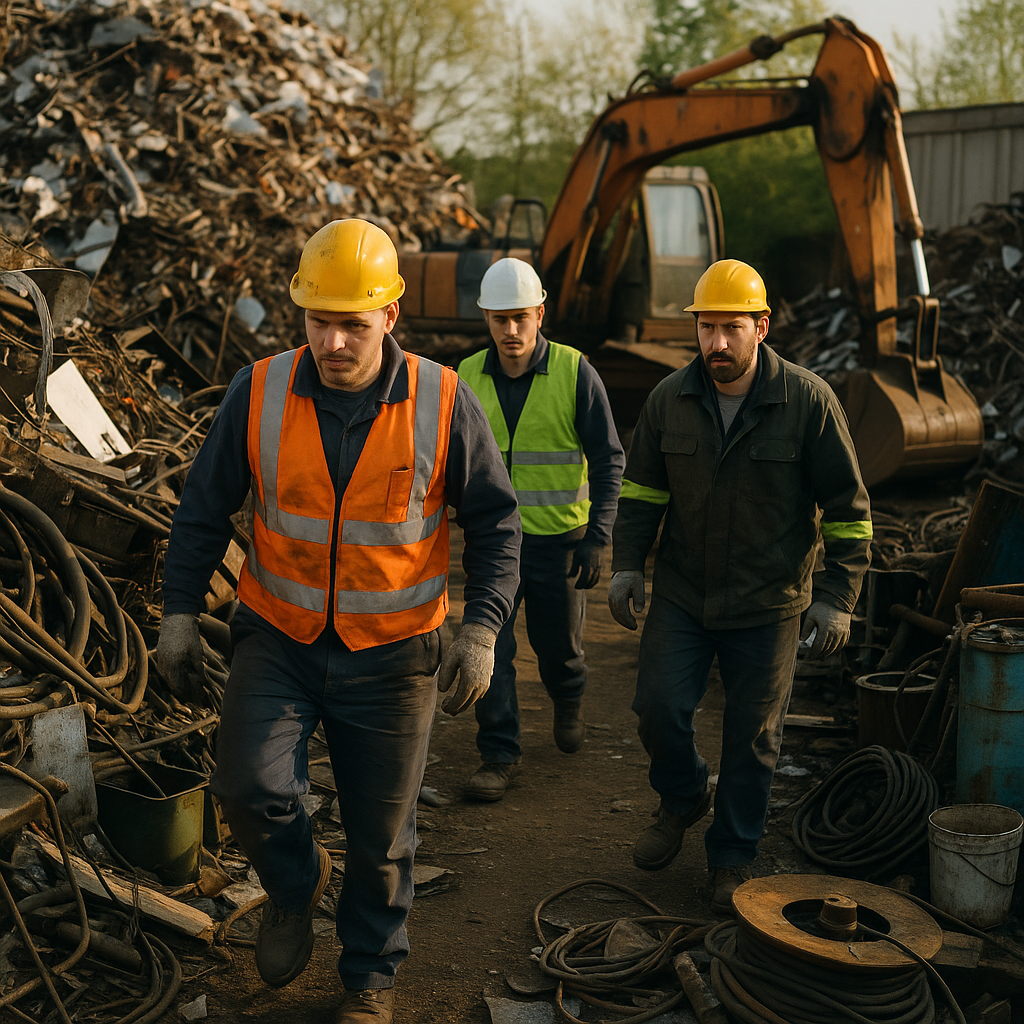 Workers navigating a cluttered industrial yard filled with overflowing scrap piles and heavy equipment
