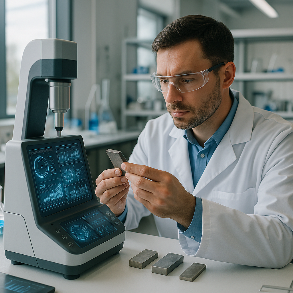 Innovative Laboratory with Advanced Testing Equipment Scientist analyzing metal samples in an innovative laboratory with advanced testing equipment and futuristic tech interfaces.
