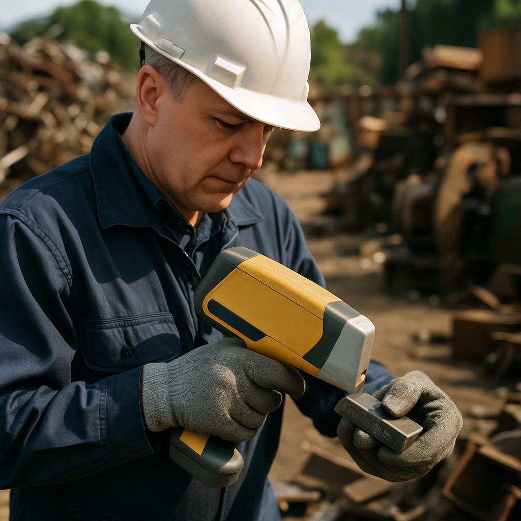 Close-up of an inspector in gloves examining metal pieces with a handheld analyzer at a scrap yard.