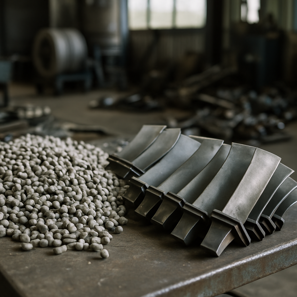 Close-up of Jet Engine Turbine Blades and Catalyst Pellets Close-up of discarded jet engine turbine blades and used industrial catalyst pellets arranged on a metal table in a recycling facility.