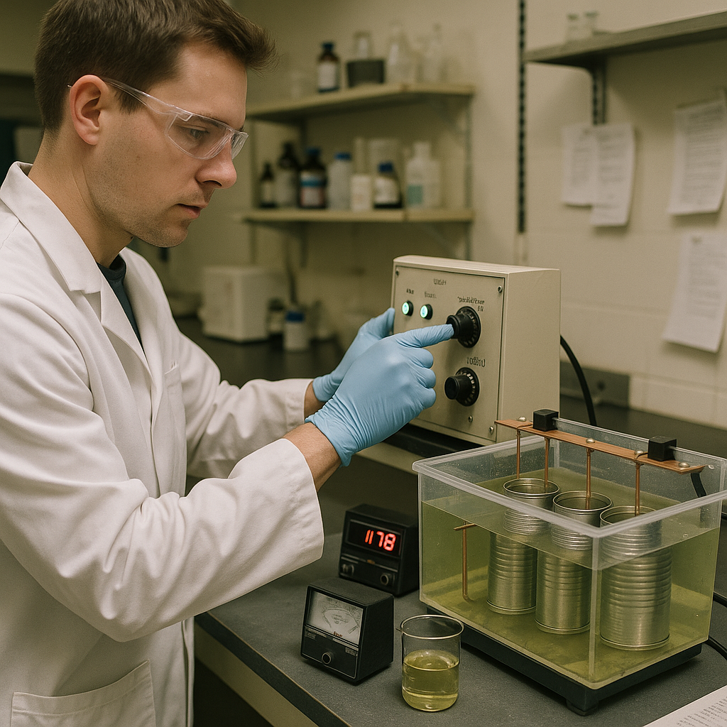 Lab Technician at Electrolytic De-Tinning Tank Lab technician adjusting dials on a control panel next to an electrolytic de-tinning tank with steel cans submerged and measuring devices nearby.