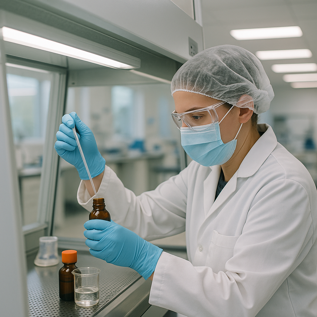 Lab Technician in Chemical Safety Procedures Lab technician carefully handling chemicals under a fume hood, wearing protective gloves and mask in a bright laboratory setting.