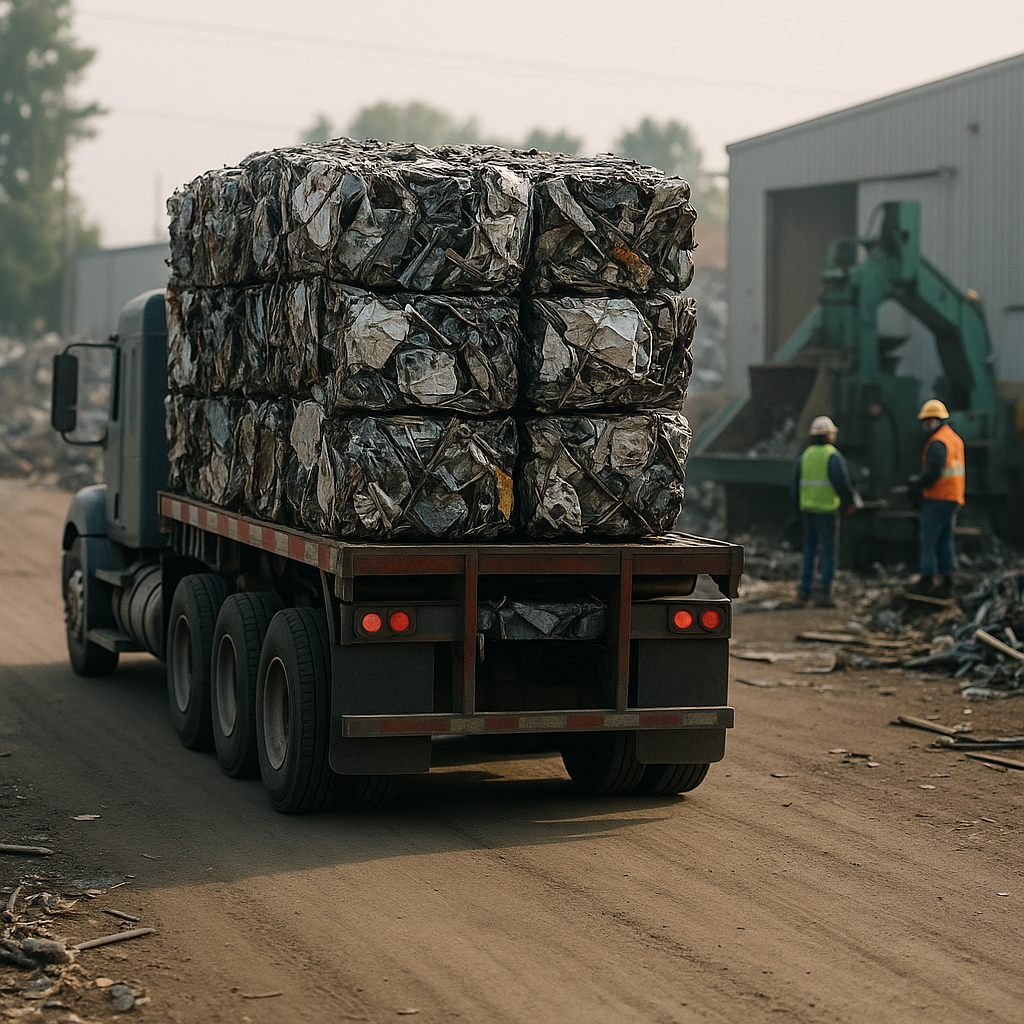Truck transporting recycled scrap metal Large truck loaded with compressed scrap metal driving from recycling facility with workers overseeing machinery in the background.