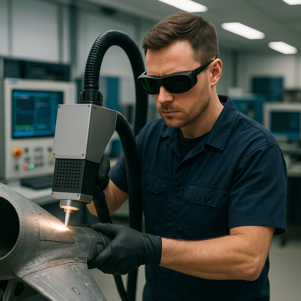 Precision Laser Coating Removal on Aircraft Part Technician operating advanced laser coating removal equipment on an aircraft part, with a precision laser beam stripping paint.